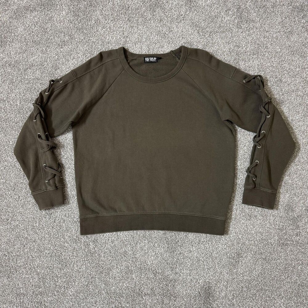 Kick Fear In The Face Sweatshirt Womens Large Olive Lace Up Sleeves Crewneck